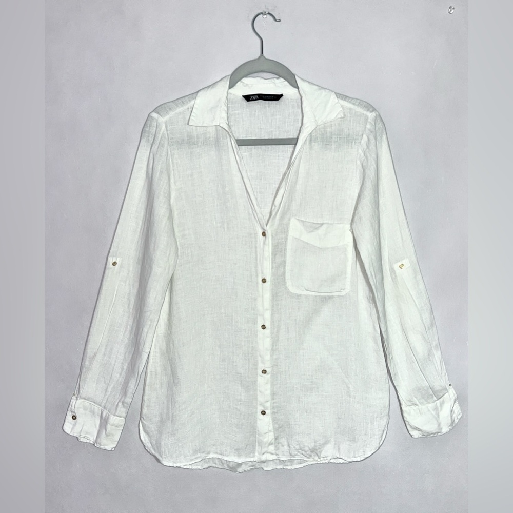 ZARA 100% LINEN White Basic Gold Tone Buttons Woman's Button‎ Down Shirt XS